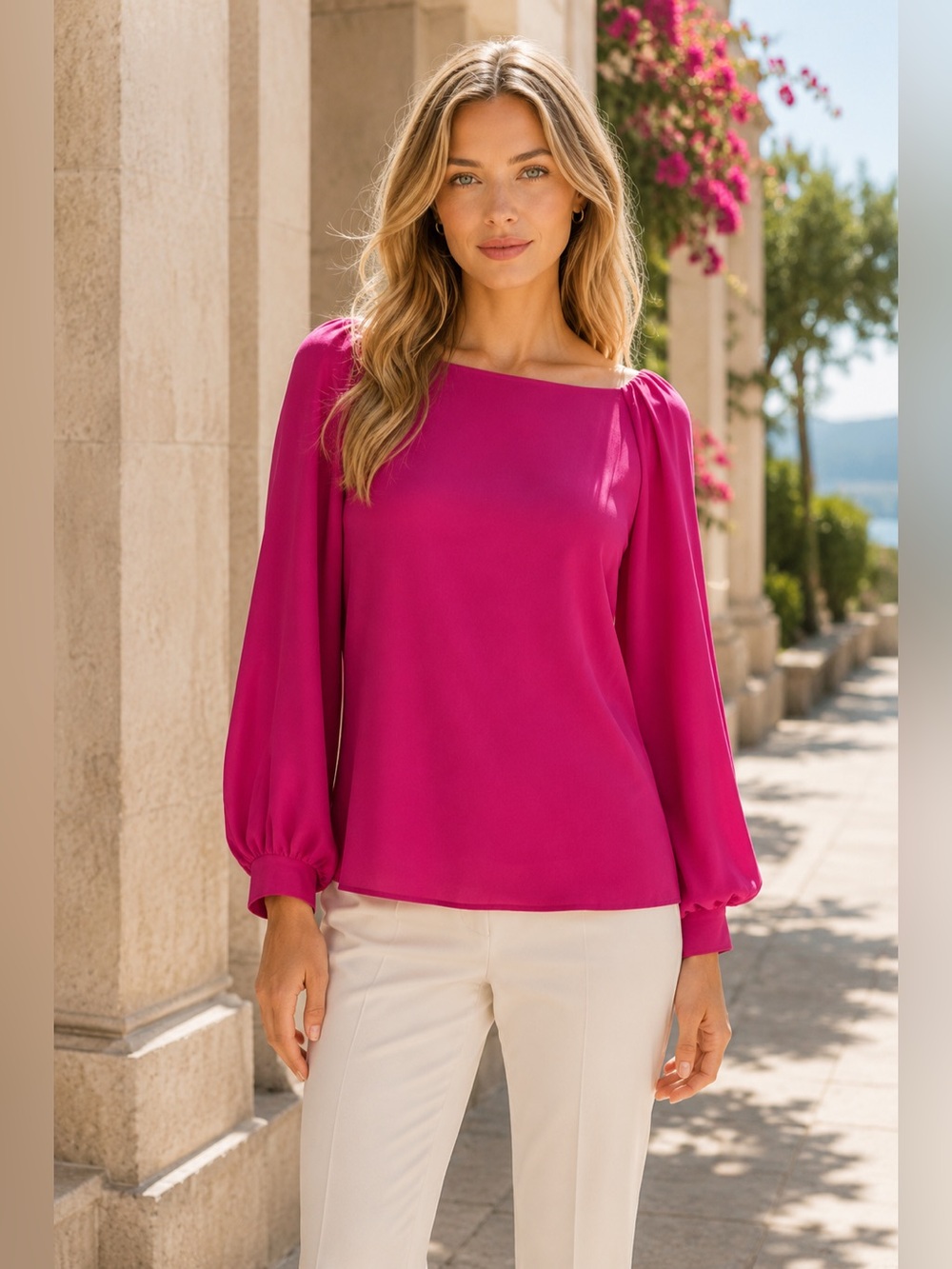 🟣Lark & Ro Women's Bright Magenta Long-Sleeve Blouse